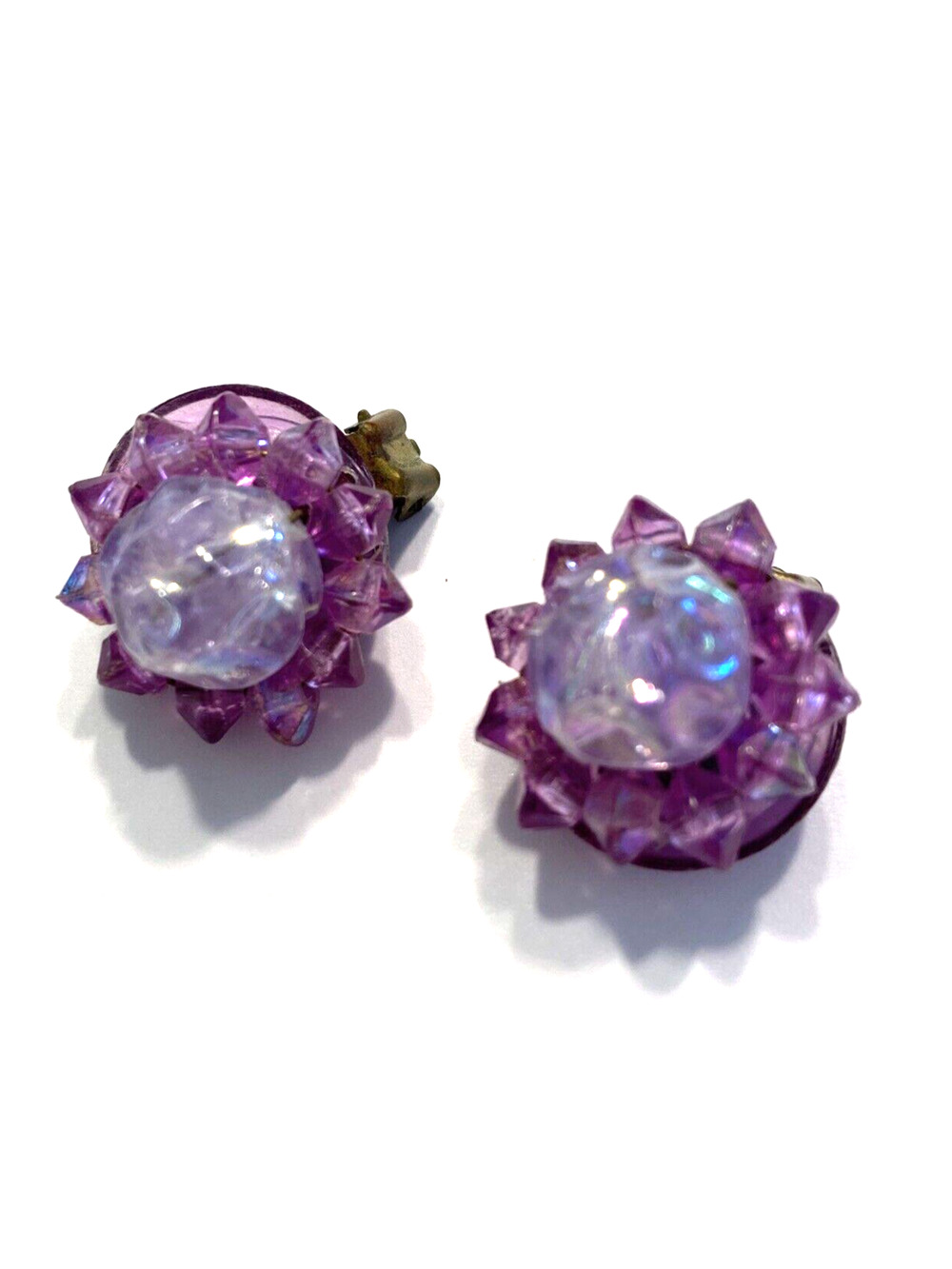 Vintage Mid Century Purple Bead Cluster Clip On Earrings Small Textured Romantic